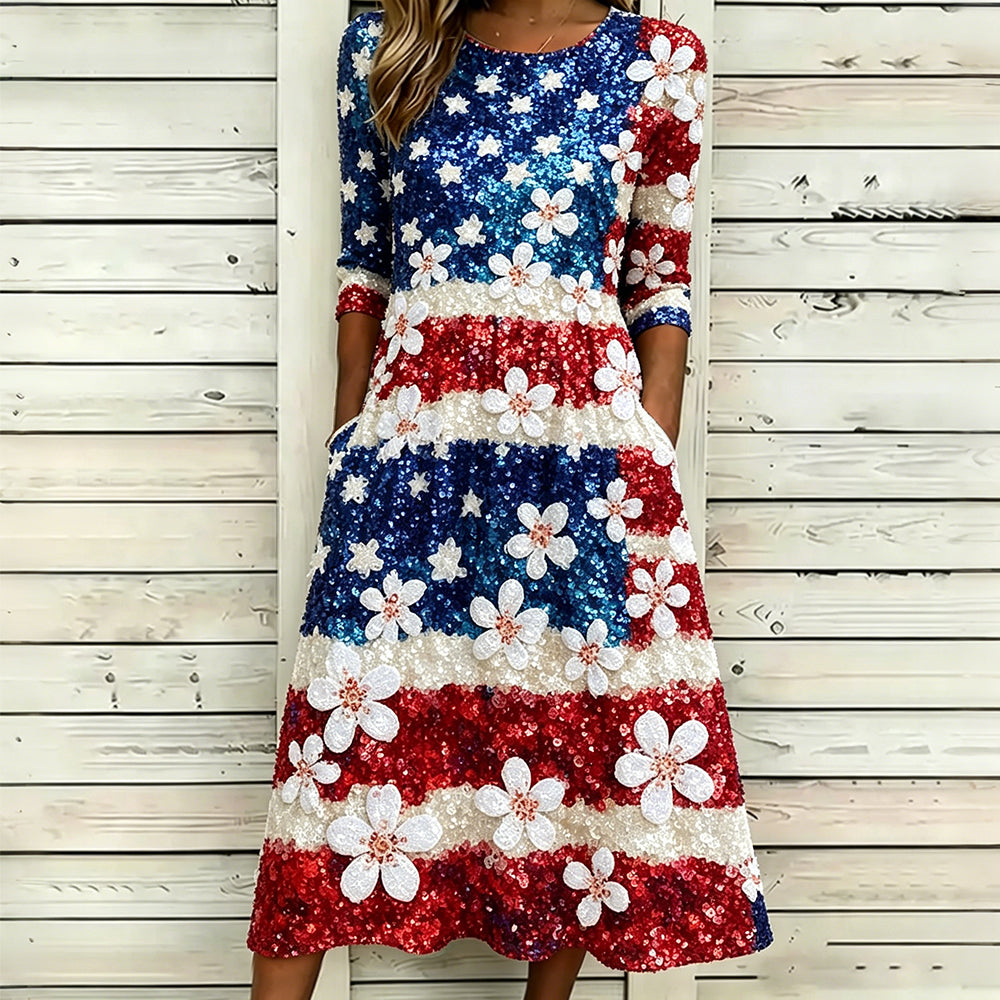 Usa Glitter Flag With Flowers Art Round Neck Flowy Maxi Dress