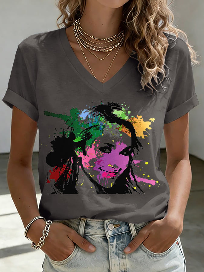 V-Neck Retro Watercolor Painting Print T-Shirt