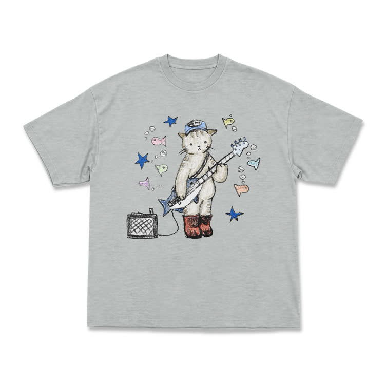 Artistic Star and Fish Guitar Cat Illustration T-Shirt
