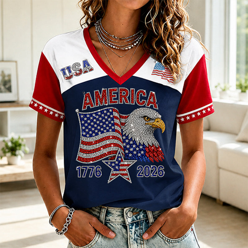 Women's American Flag Art Sequin Casual V-neck Short Sleeve Top