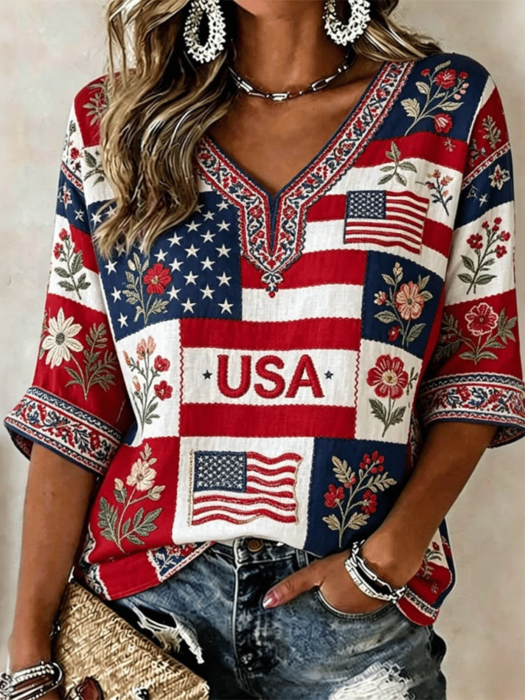 Vintage Usa Anniversary Floral Patchwork Art Casual V Neck T Shirt