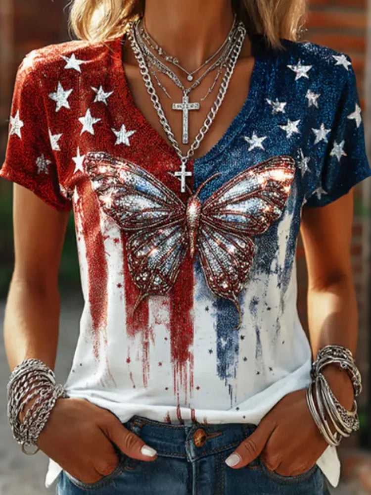 Women's Independence Day Flag And Butterfly Art Print V-neck Short Sleeve T-shirt