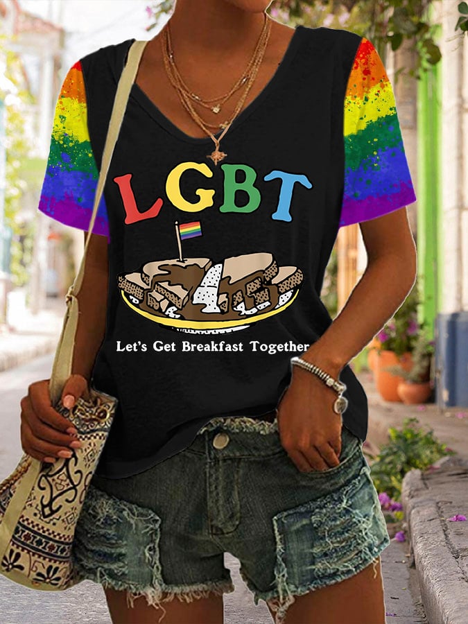 Women's Funny LGBT Let's Get Breakfast Together Print V Neck T-Shirt