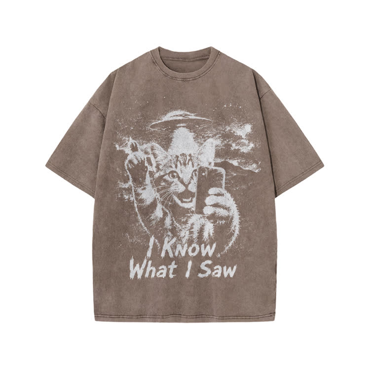 Casual I Know What I Saw Cat UFO Graphic Washed T-Shirt