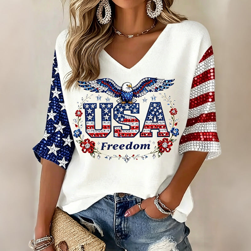 Women's Vintage Flag Art Three-quarter Sleeve V Neck Linen Tops