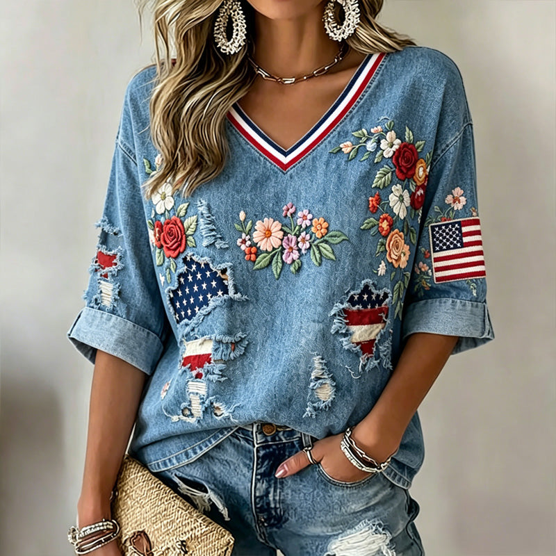 Women's Vintage Independence Day Flag Flower Art Print V-neck T-shirt