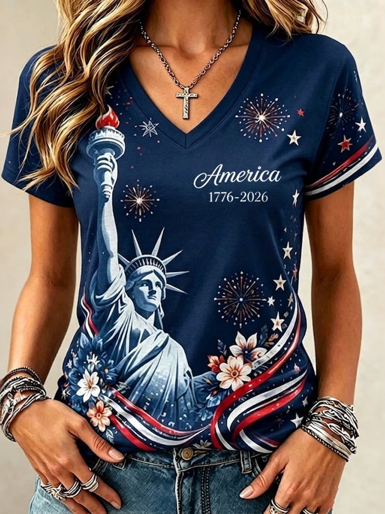 Women's Independence Day Print V-neck Short Sleeve T-shirt