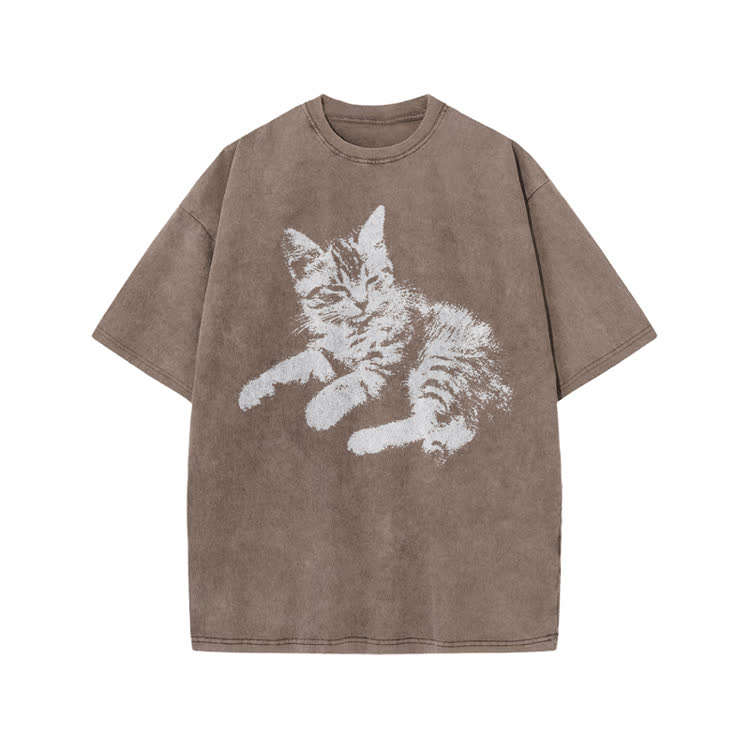 Vintage Cat Graphic Print Acid Washed T-shirt