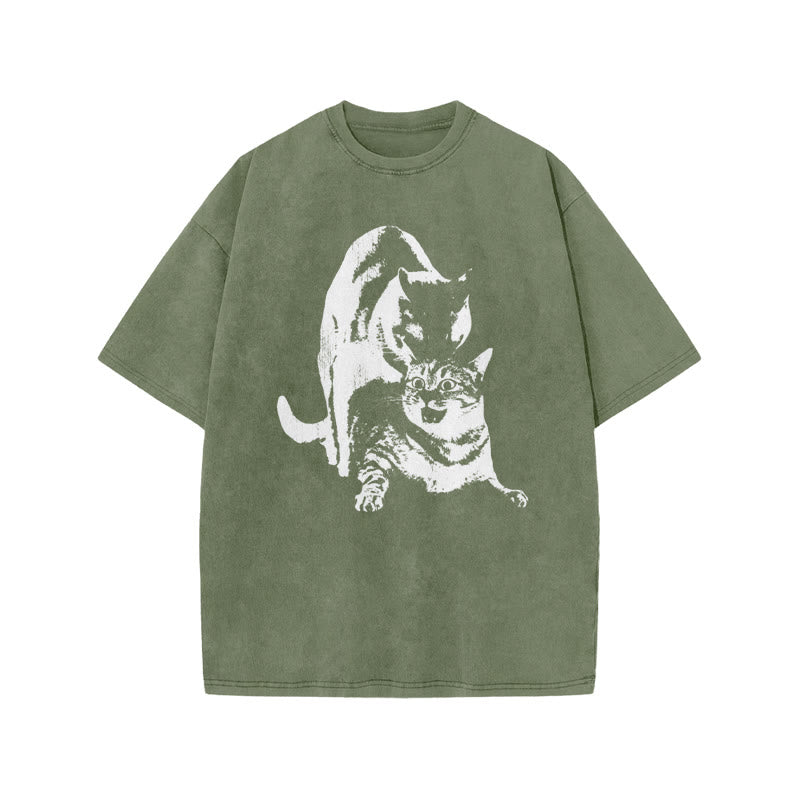 Viral Cat Meme Print Acid Washed T-shirt