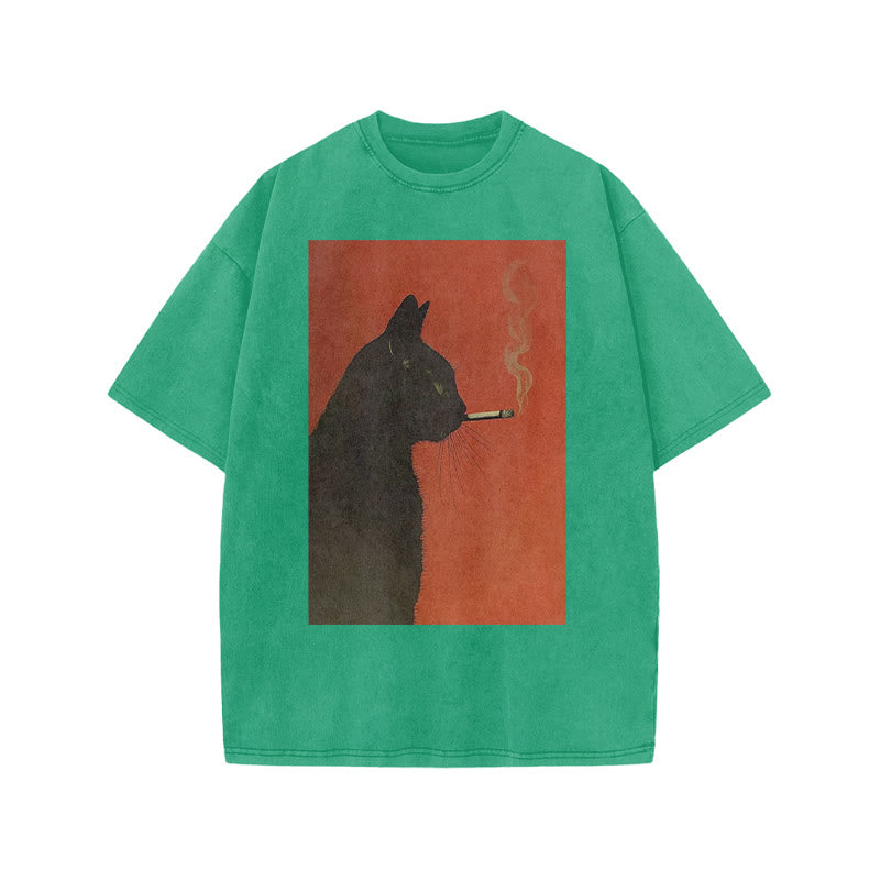 Cool Smoking Black Cat Print Acid Washed T-shirt