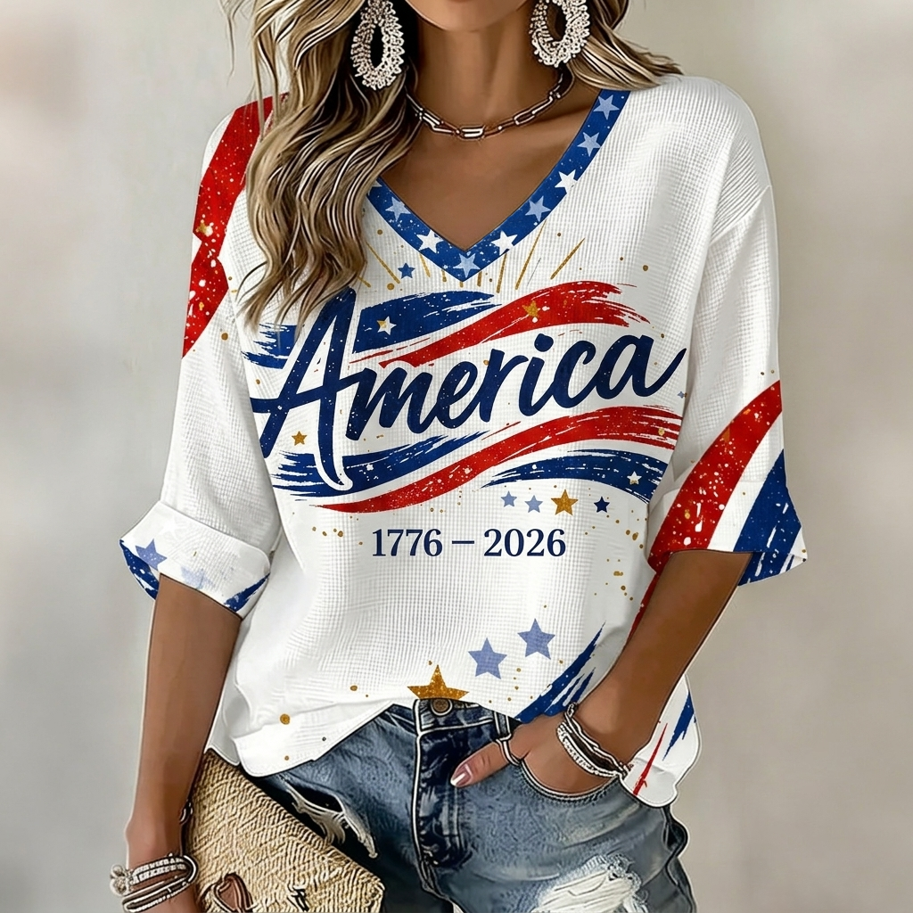 Women's Flag In Patchwork Art Three-quarter Sleeve V Neck Linen Tops