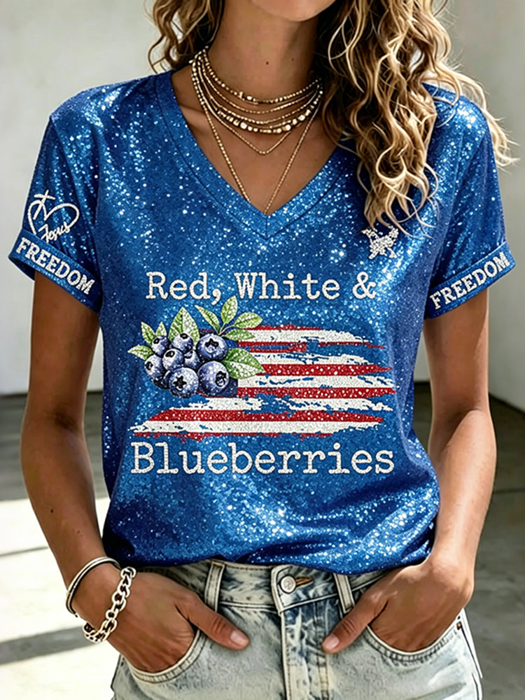 V-neck Retro Independence Day Red, White & Blueberries Freedom Jesus Print T-shirt