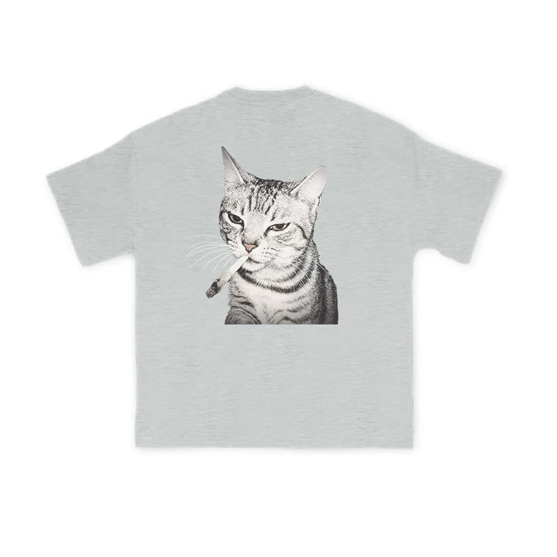 Tabby Cat With A Cigarette In Its Mouth Print Causal T-shirt