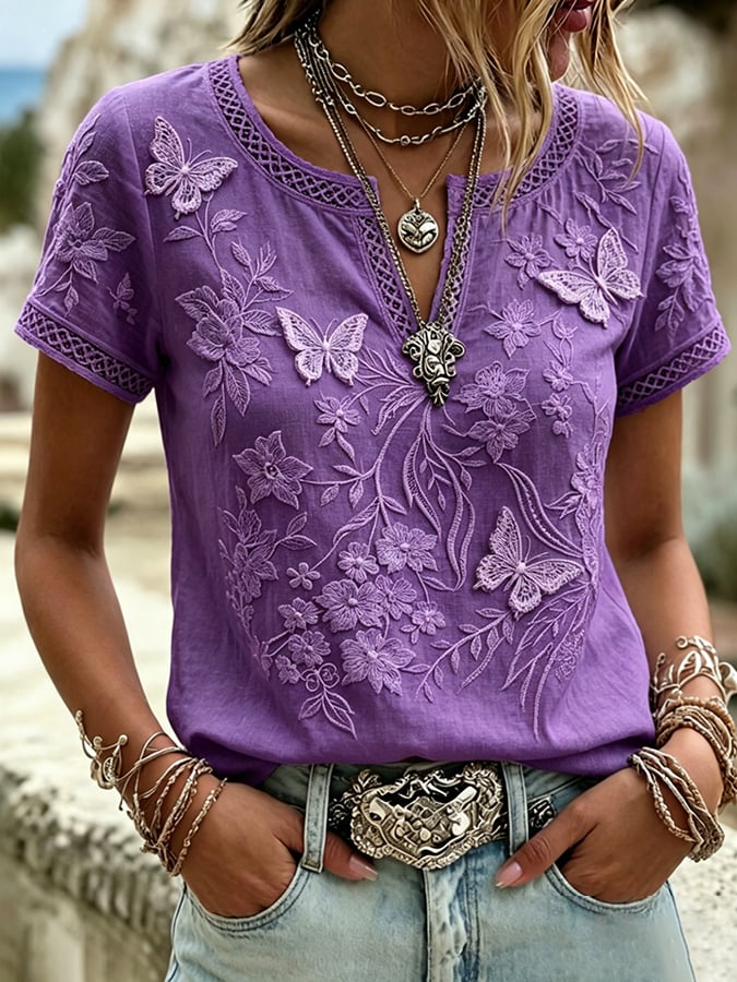 Women's  Floral Cotton-Linen Print Top