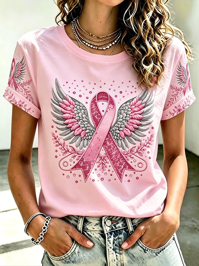 Women's Retro Flower Breast Cancer Awareness Printed T-Shirt