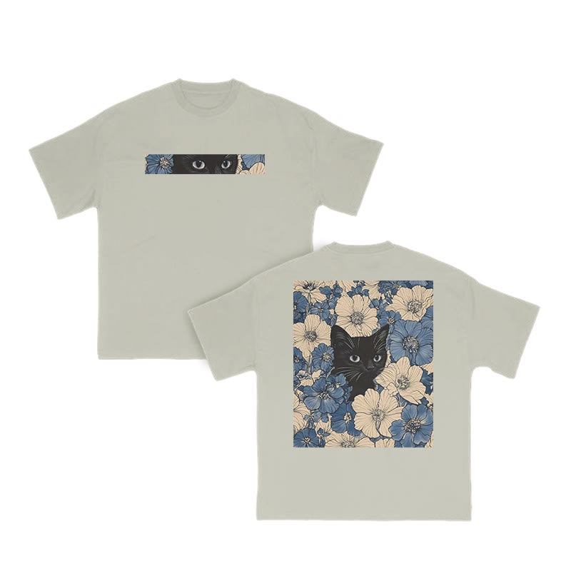 Black Cat In A Patchwork Flower Field Print T-shirt