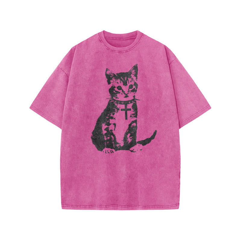 Cat With A Cross Collar Print Acid Washed T-shirt