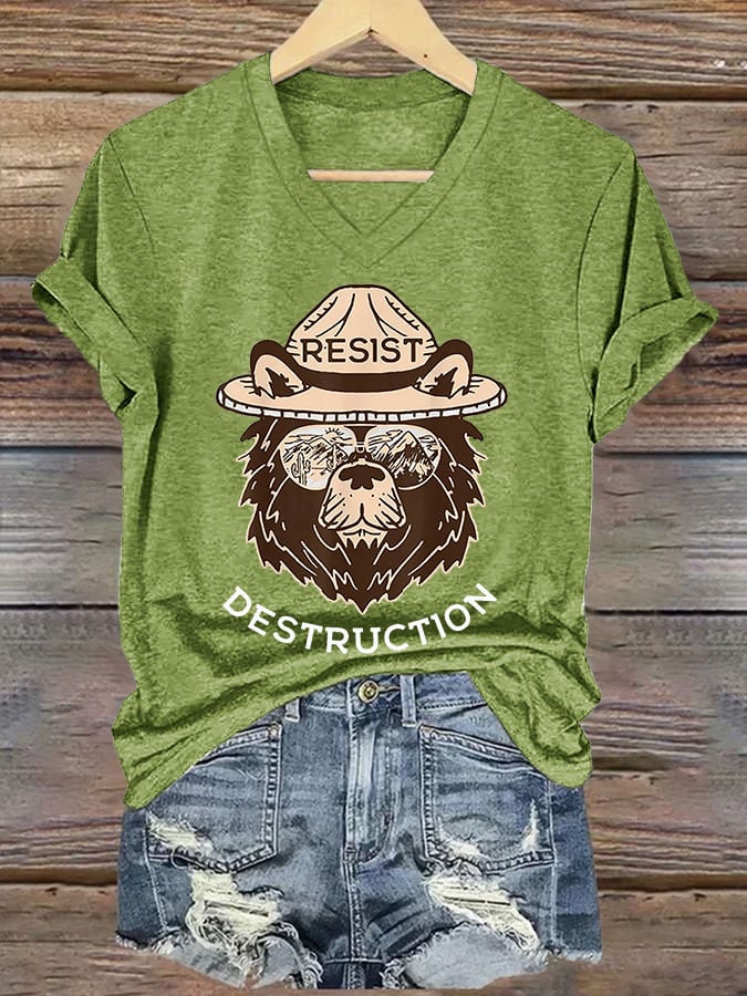 Women's Resist Bear Printed V Neck T-shirt