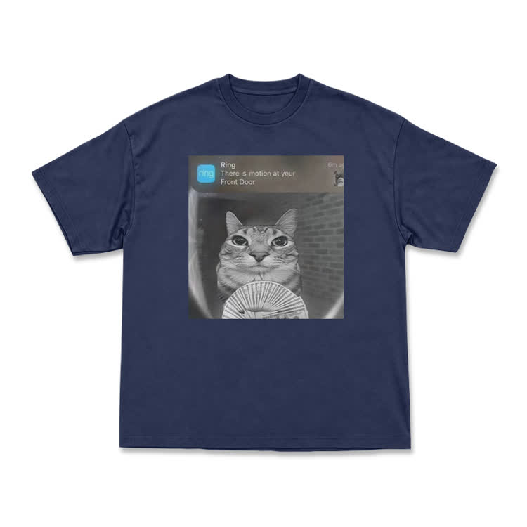 Casual Cat Doorbell Graphic Crew Neck T Shirt