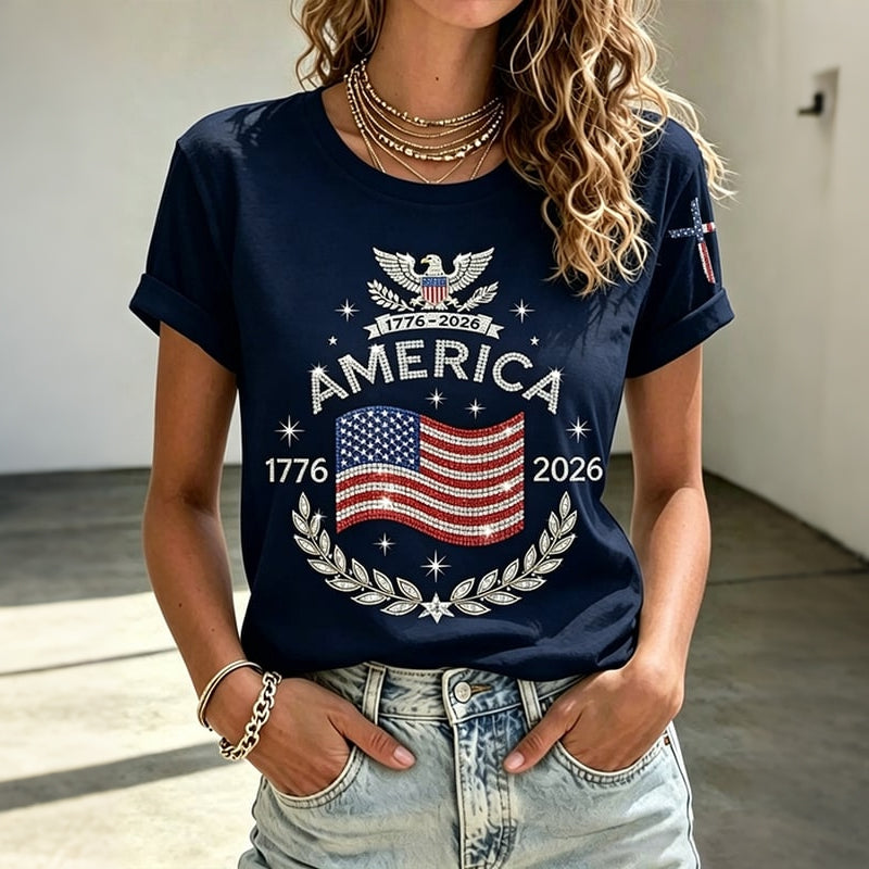 Women's Anniversary Flag Hot Diamond Print Casual T-shirt