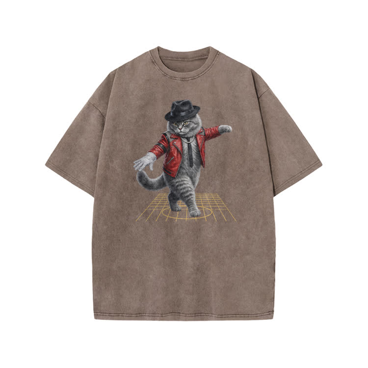 Vintage Dancing Cat Graphic Print Acid Washed T-shirt
