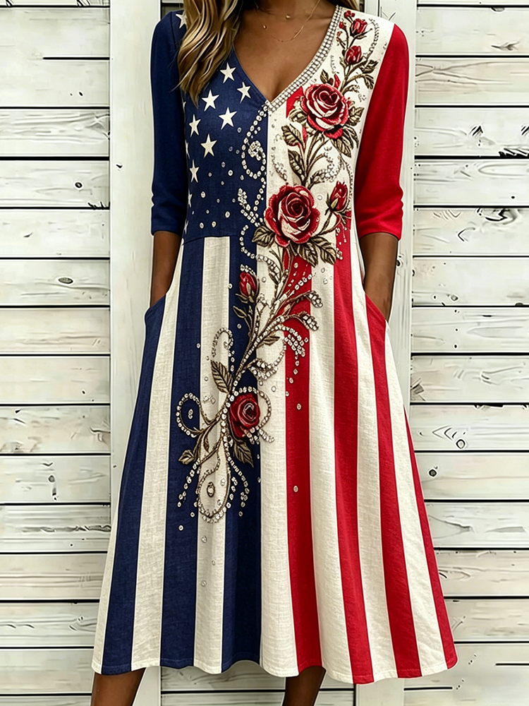 Women's Vintage Flags And Floral Art Print Linen Blend Casual Dress