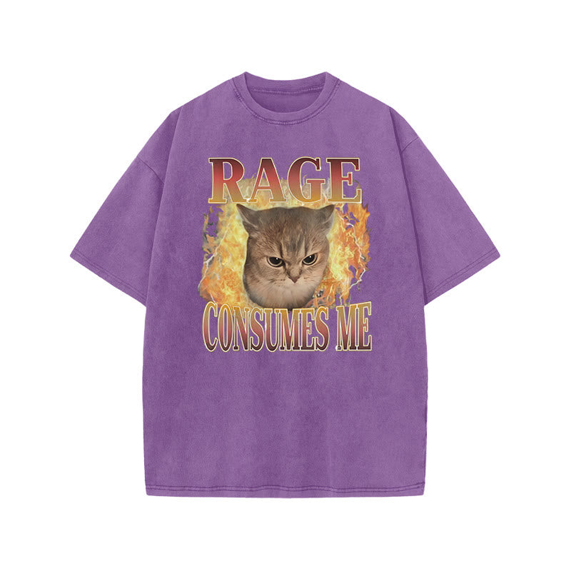 Rage Consumes Me Meme Cat Print Acid Washed T-shirt