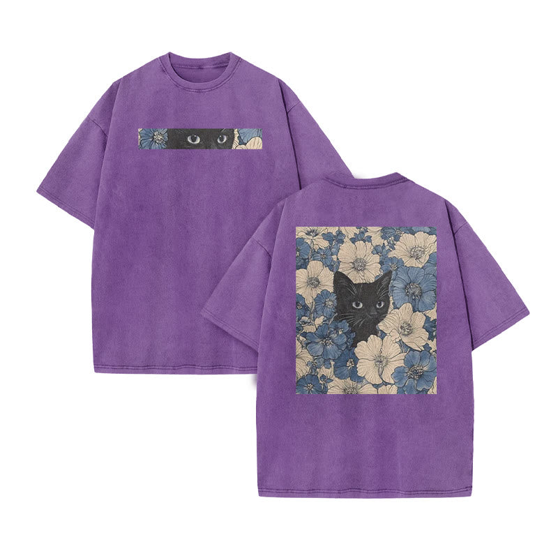Black Cat In A Patchwork Flower Field Print Acid Washed T-shirt