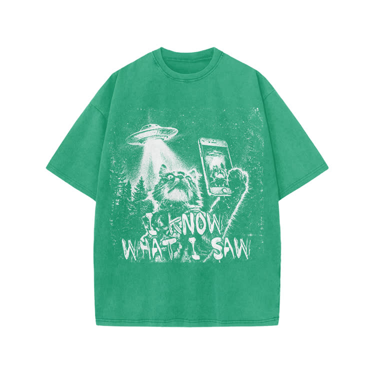 Vintage UFO Cat  I Know What I Saw Graphic Washed T-Shirt