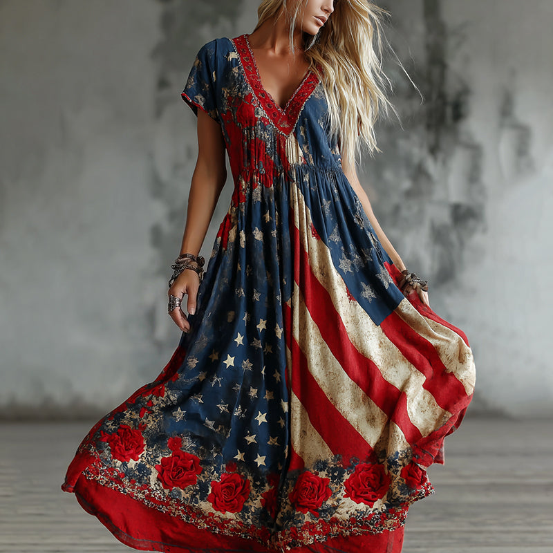 Women's Vintage Floral Flag Art Print Maxi Dress