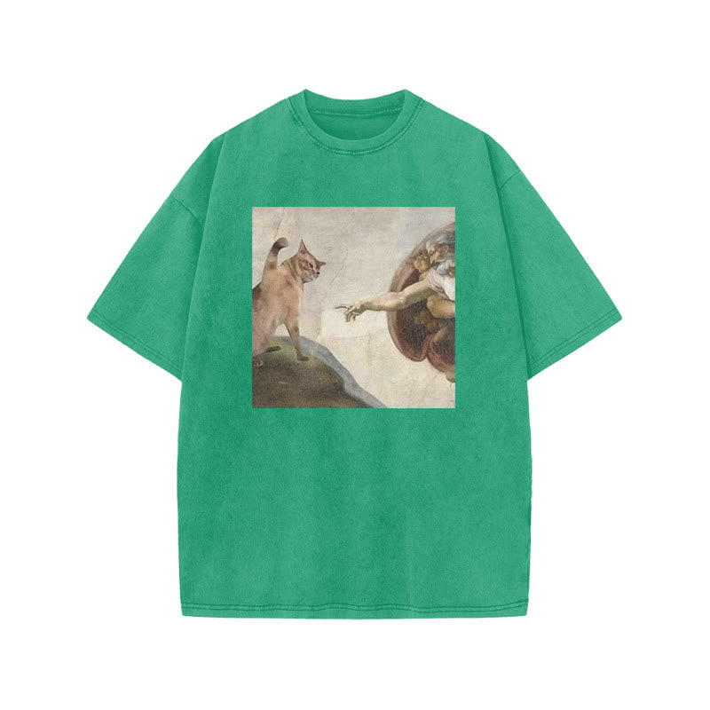 Unisex Oil Painting Cat Print Acid Washed T-shirt