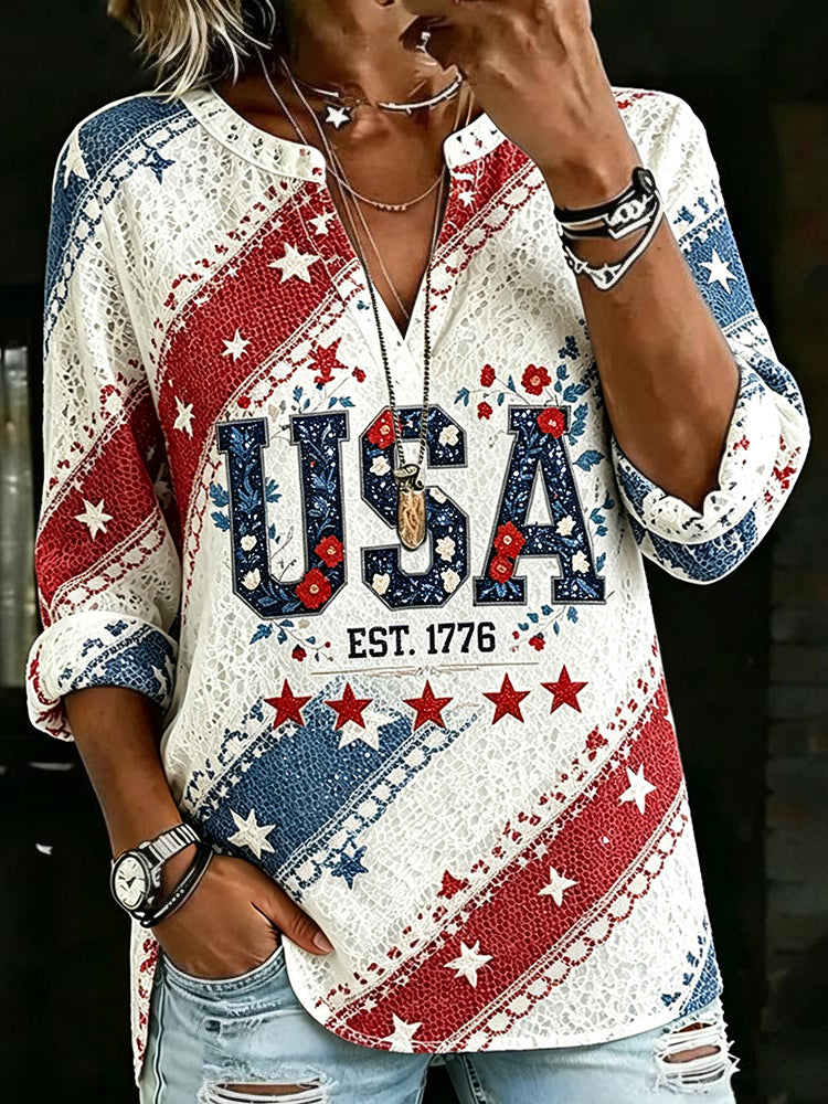 Vintage American Flag Inspired Stars Lace Linen Tunic