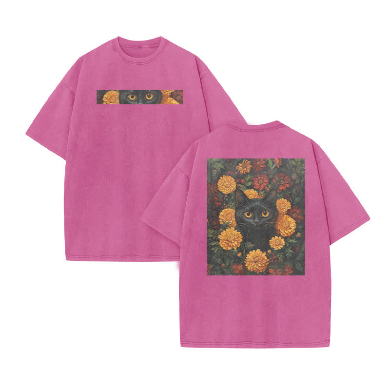 A Black Cat In A Field Of Chrysanthemums Print Acid Washed T-shirt