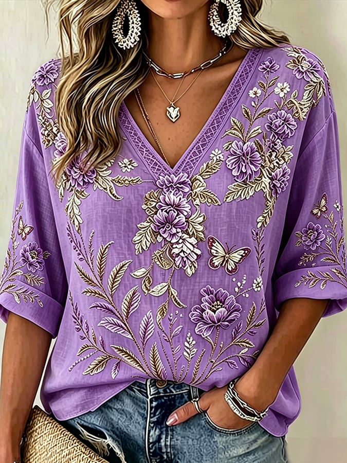 Women's  Pink And Purple Floral Cotton-Linen Print Top