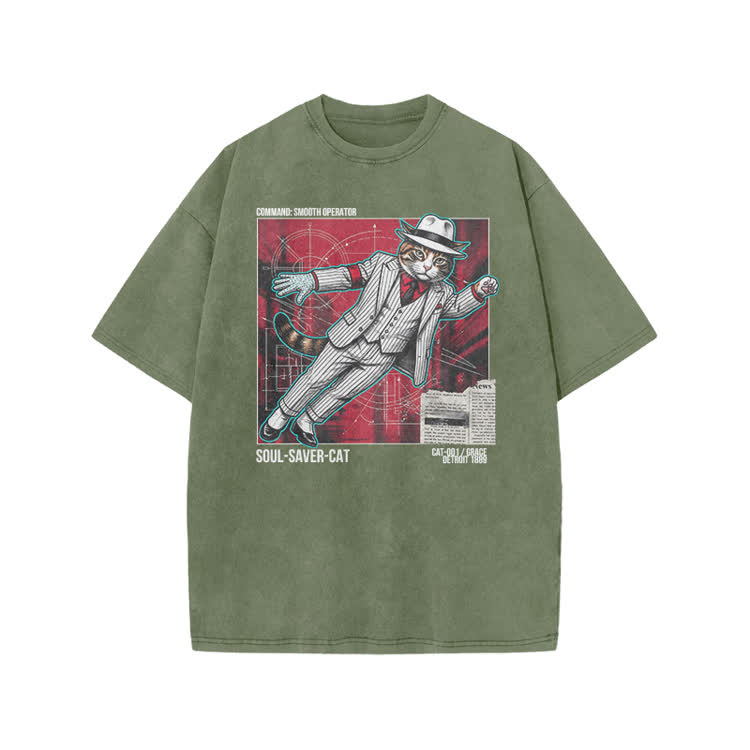 Vintage Soul Saver Cat Graphic Print Acid Washed T-shirt