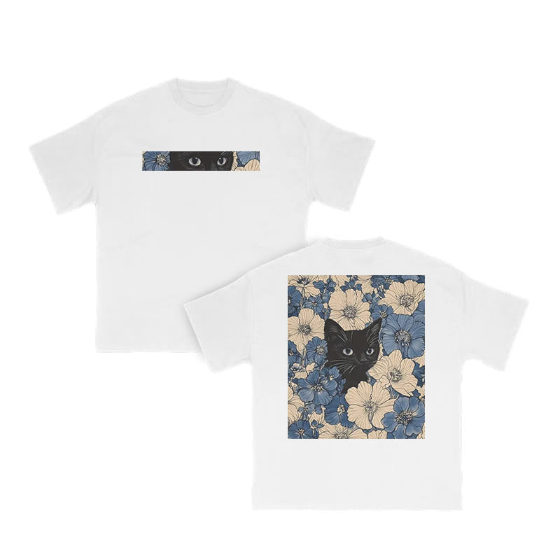 Black Cat In A Patchwork Flower Field Print T-shirt
