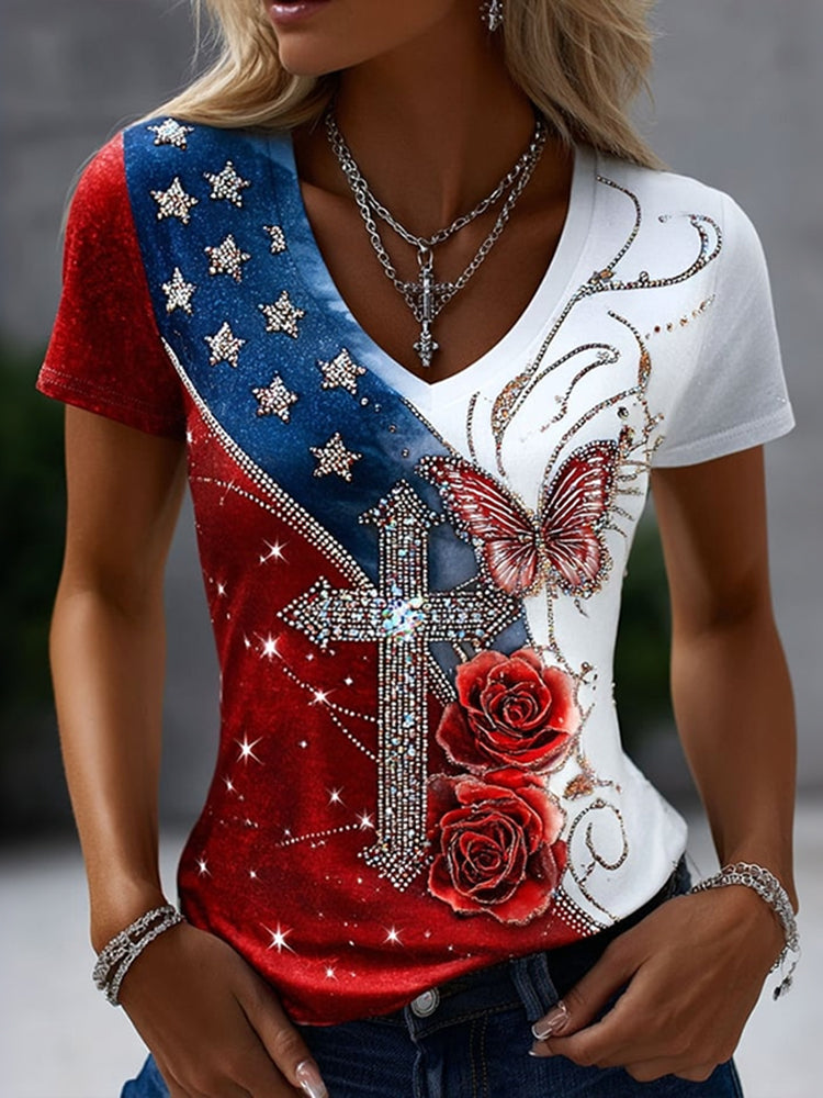 Women's Vintage Flag And Floral Print Casual V Neck Top