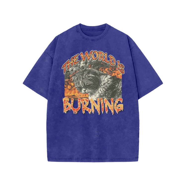 Punk Inspired Burning Cat Graphic Print Acid Washed T-shirt