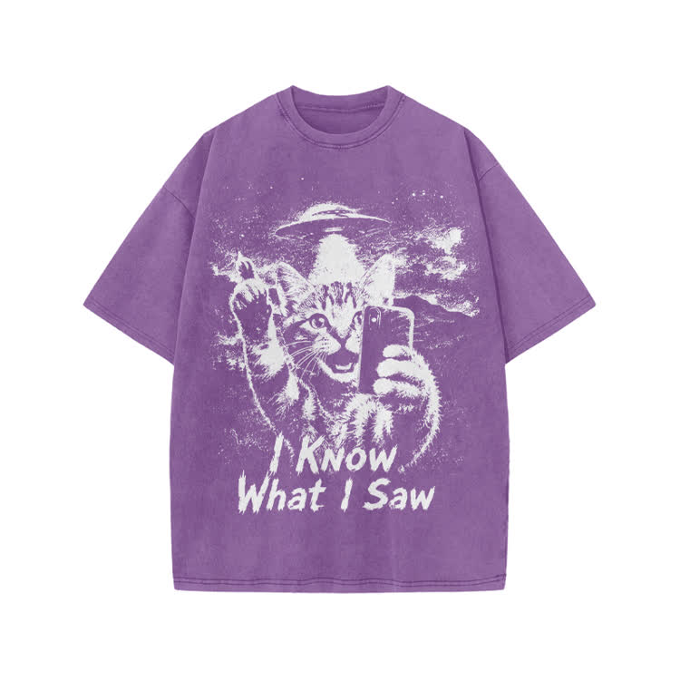 Casual I Know What I Saw Cat UFO Graphic Washed T-Shirt