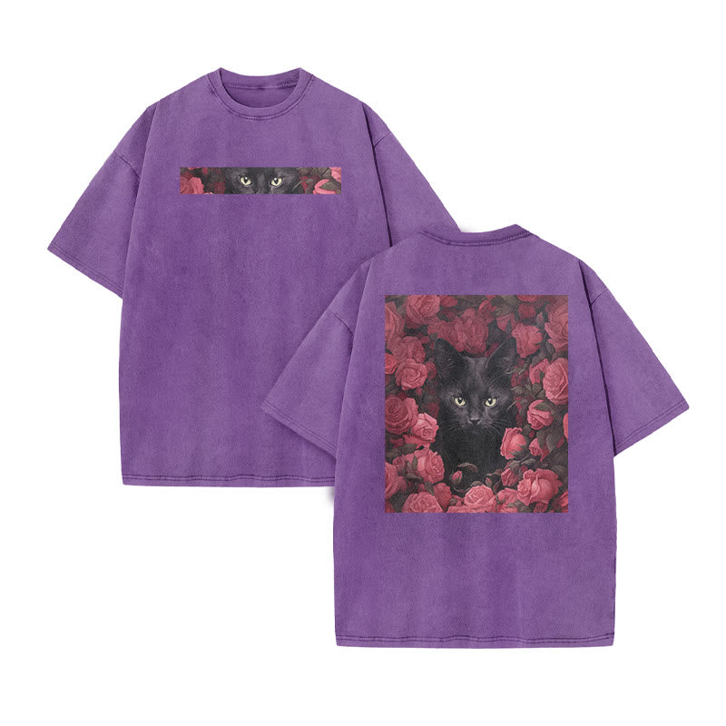 A Black Cat Hidden Among Clusters Of Magenta Roses Print Acid Washed T-shirt