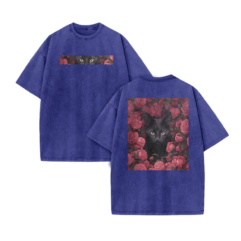 A Black Cat Hidden Among Clusters Of Magenta Roses Print Acid Washed T-shirt