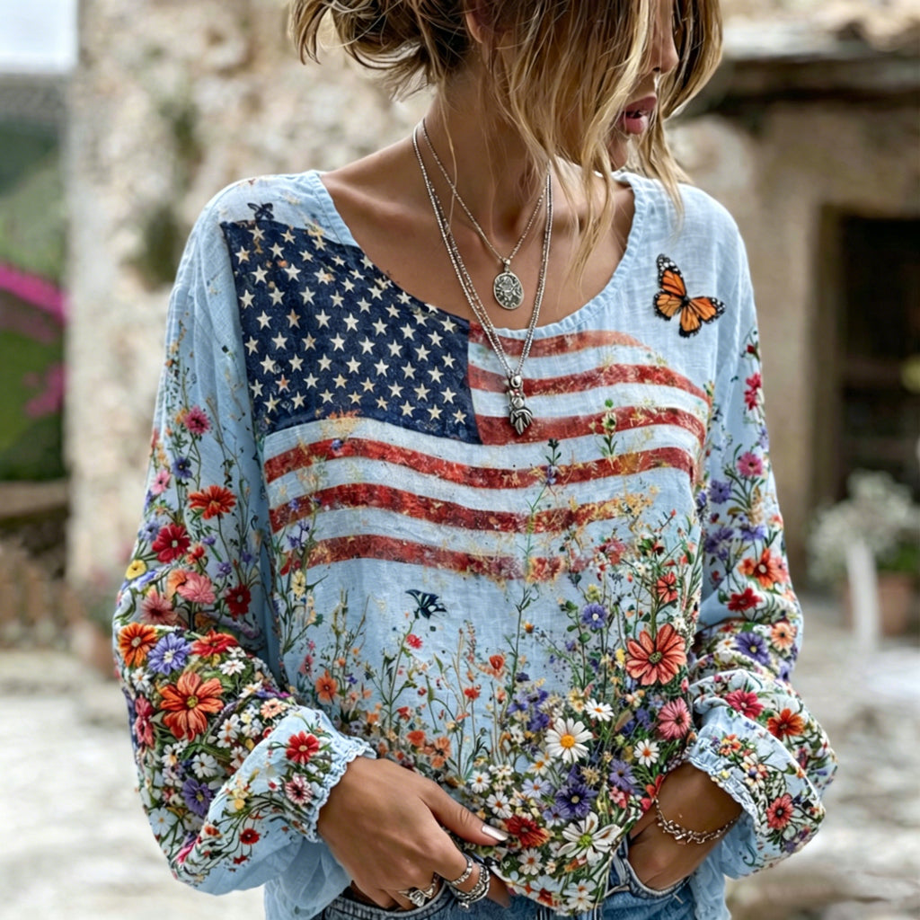 Women's Independent Flag Floral Print Crew Neck Linen Blend T-shirt