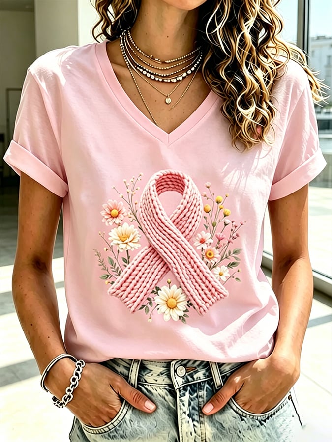 Women's Retro Flower Breast Cancer Awareness Printed T-Shirt