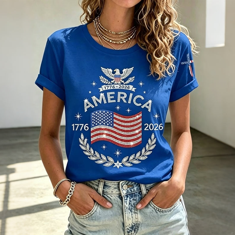 Women's Anniversary Flag Hot Diamond Print Casual T-shirt