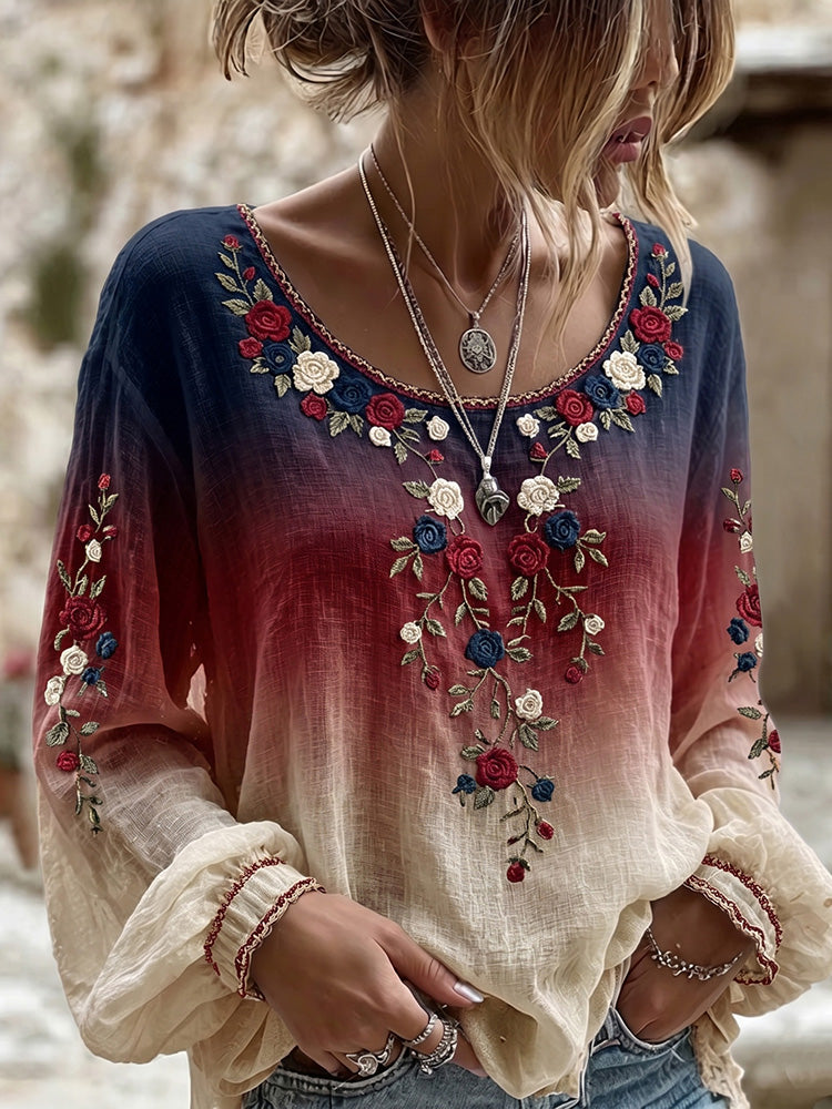 Women's Independent Floral Pattern Gradient Crew Neck Linen Blend T-shirt