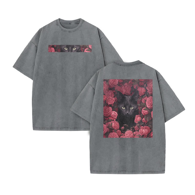 A Black Cat Hidden Among Clusters Of Magenta Roses Print Acid Washed T-shirt