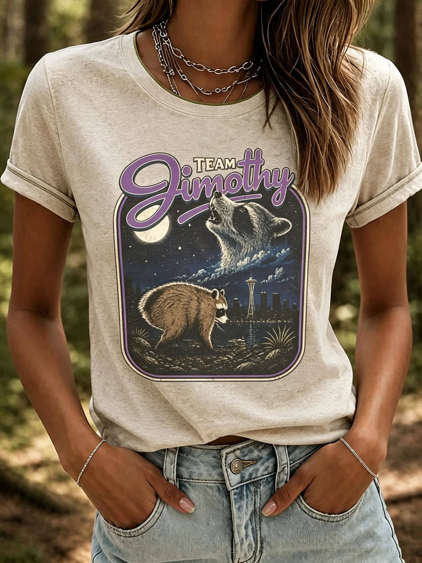 Women's Retro Jimothy Raccoon Print Comfortable T-Shirt