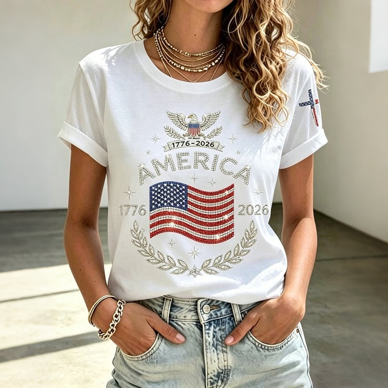 Women's Anniversary Flag Hot Diamond Print Casual T-shirt