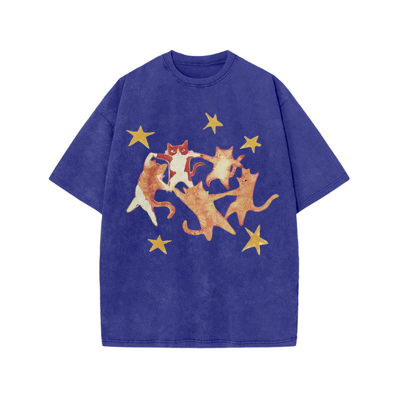 Cats Holding Hands And Dancing Print Acid Washed T-shirt