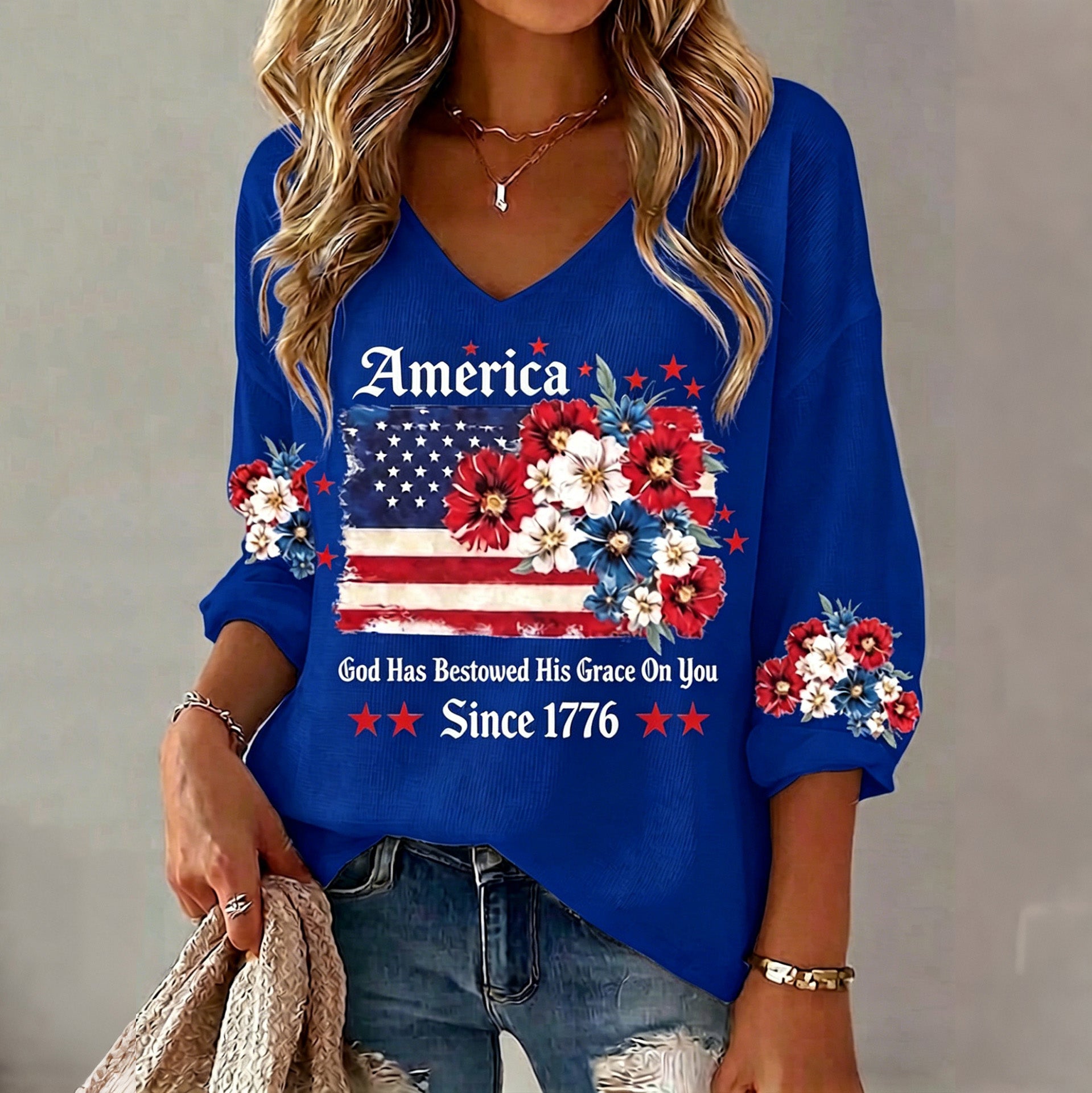 Women's Anniversary National Flag Floral Print Waffle Long Sleeve T-shirt